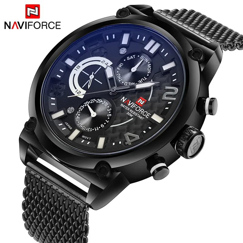 BLACK WHITE NAVIFORCE Роскошные Брендовые мужские Аналоговые кварцевые часы 24 часа с датой мужские водонепроницаемые часы 3ATM мужские спортивные полностью Стальные наручные часы - Цвет: BLACK WHITE