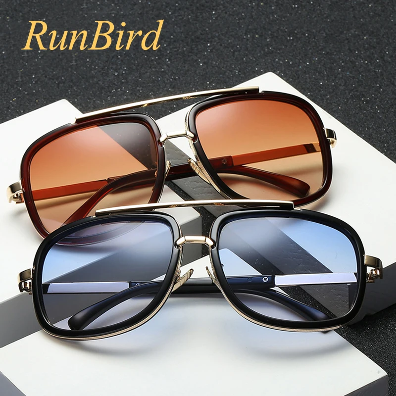RunBird Квадратные Солнцезащитные очки женские роскошные брендовые дизайнерские золотые металлические оправы Oculos высокое качество коричневые солнцезащитные очки для мужчин 1230R