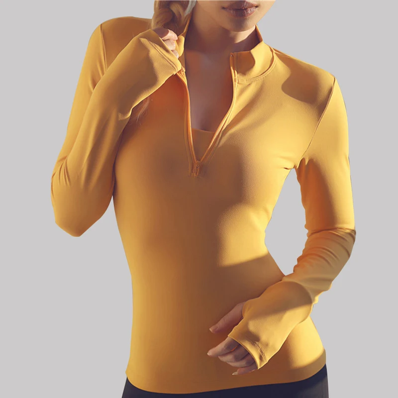 

SALSPOR Sexy Women Yoga Top Sport Zipper Long Sleeve Yoga Shirt With Thumb Holes Solid Quick Dry Breathable Gym Fitness Shirt