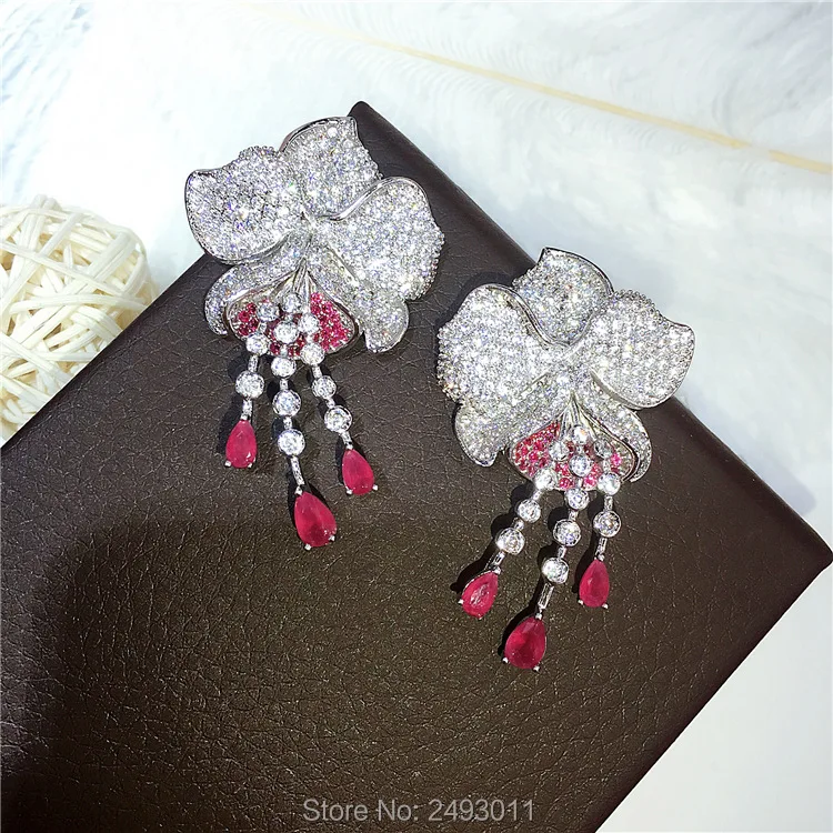 High quality new designer fashion red 3A zirconia crystal flower stud earrings white-gold-color brincos copper jewelry for women | Украшения