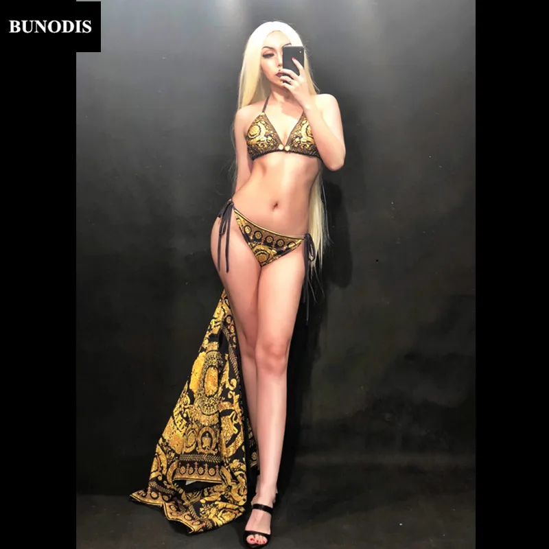BU187 золото с цветочным принтом бикини + пальто для женщин пикантные Bling костюмы