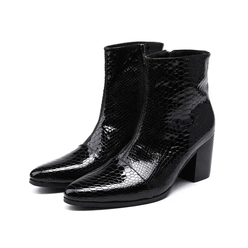 

Black Snakeskin High chunky heels Martin Boots Fashion Hot Winter Boot Male Ankle Shoes