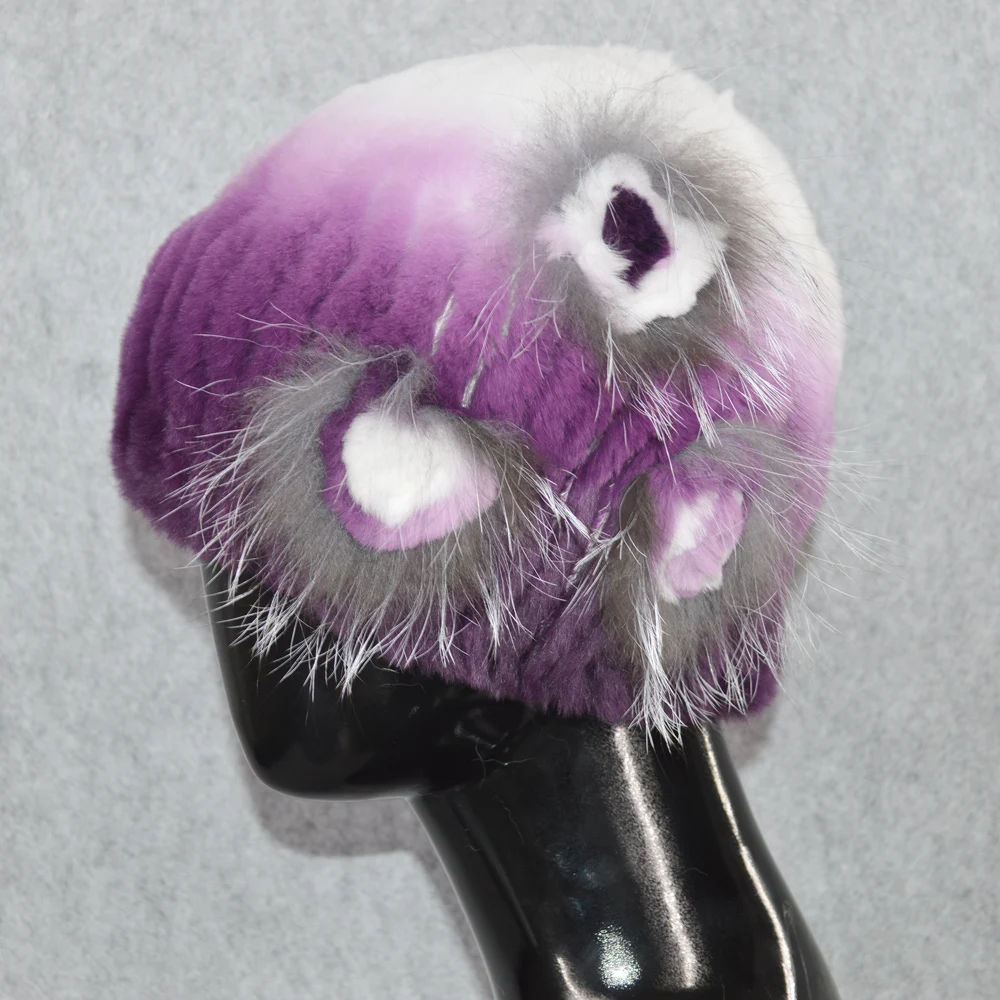 Ручной вязки для женщин 100% настоящий мех кролика шапка Топ лисий кепки с цветами