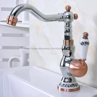 deck mounted single handle bathroom sink mixer faucet polished chrome and red copper hot and cold water mixer tap nnf906
