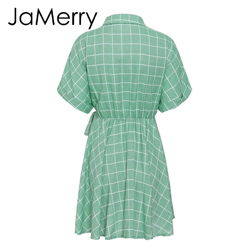 JaMerry, винтажное, элегантное, в клетку, с поясом, женское платье, короткий рукав, ТРАПЕЦИЕВИДНОЕ, повседневное, уличная одежда, женское, короткое платье, на пуговицах, летнее платье
