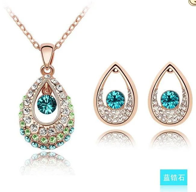 wholesale TOP GRADE Austrian CRYSTAL pendant fashion chain necklace earrings Jewelry Set free ship 14 colors available | Украшения и