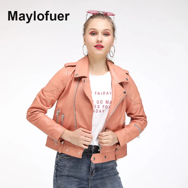 Maylofuer 2019 женская мода весна осень розовый натуральная кожа куртки молния базовое