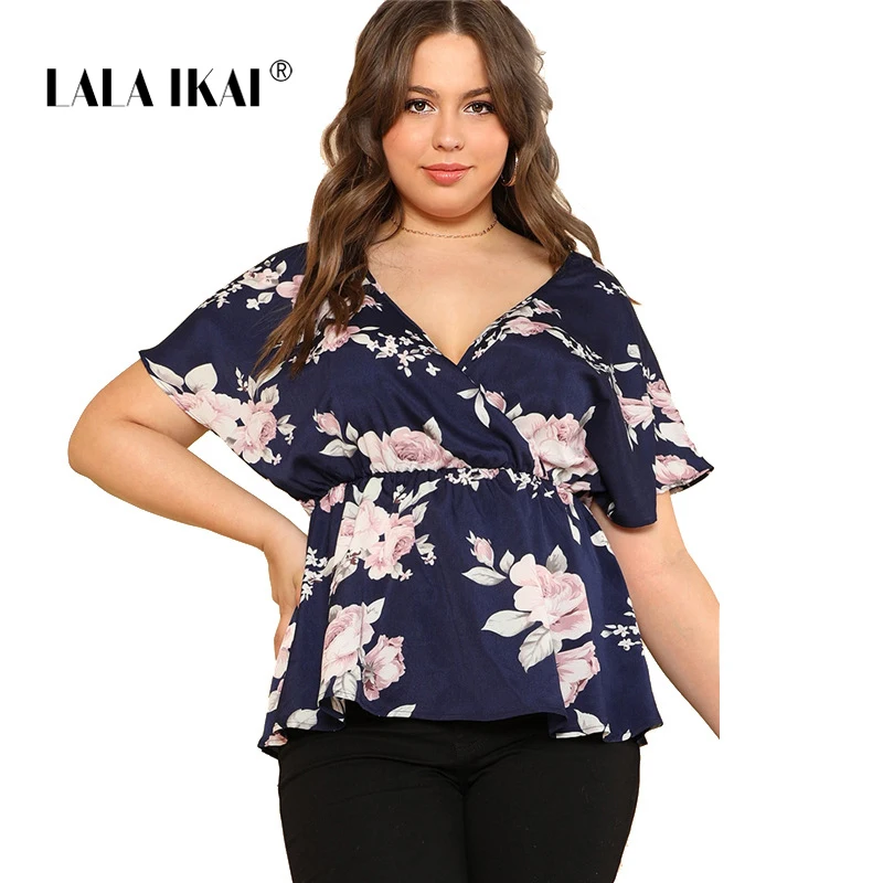 LALAIKAI плюс Размеры 2XL 3XL 4XL 5XL Print Surplice Обёрточная бумага топы дамы V шеи Блузки Бохо