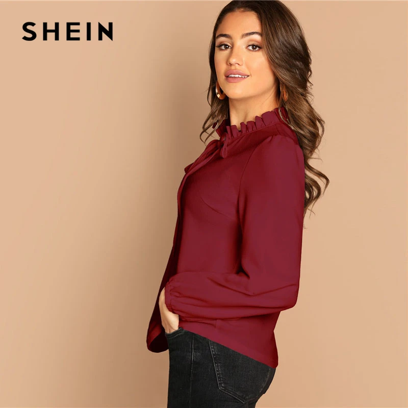 SHEIN Однотонный Топ C Оригинальным Воротником Женская Классическая Блузка С Длинным Рукавом И Стоячим Воротником