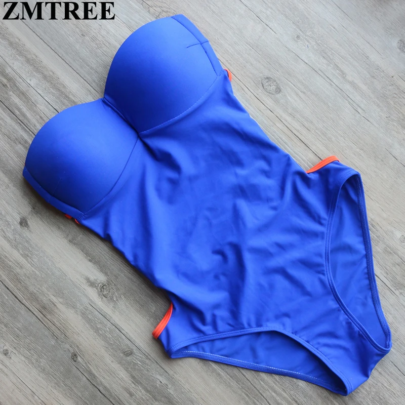 ZMTREE Однокомпонентный купальник 2017 сексуальный крестный задний плавательный костюм для женщин на пляже, одноцветный монокини с завязками вокруг шеи.