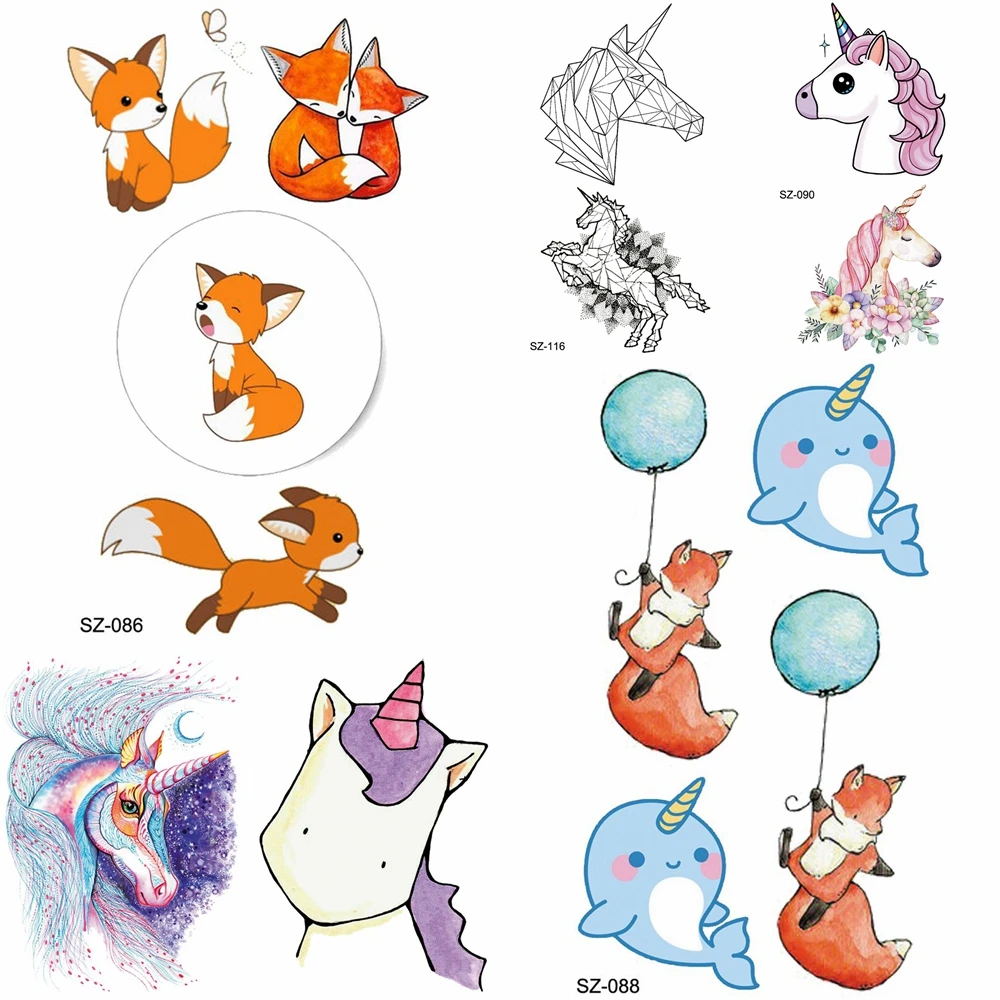 

YURAN Flash Cartoon Fox Temporary Tattoo Stickers Women Colorful Unicorn Fake Cute Tatto Kid Arm Art Flash Children Xmas Gifts