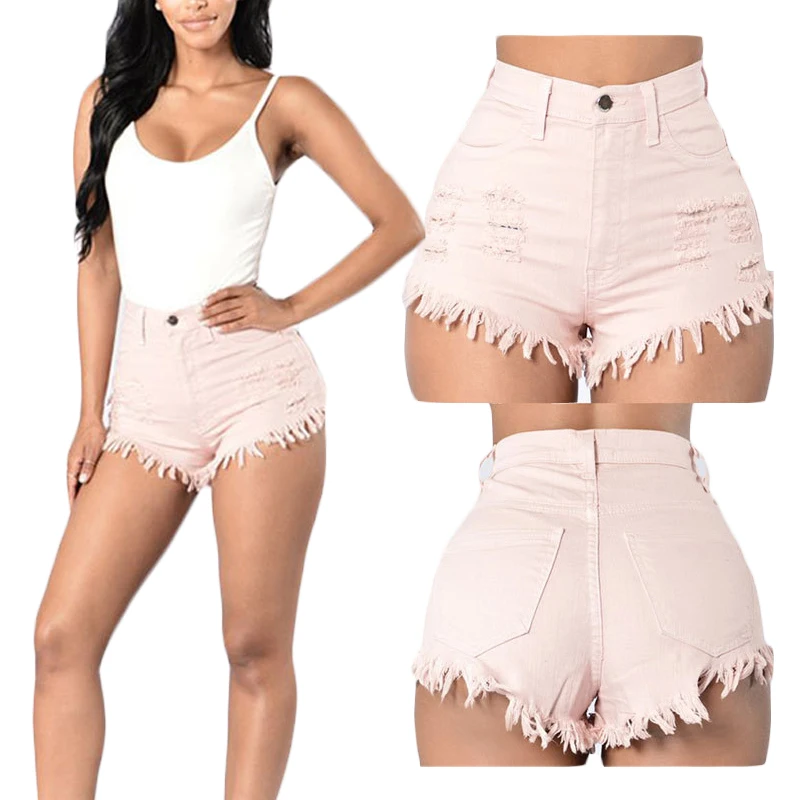 ICOSTUMES Women Hot Style Elastic High-waisted Denim ShortsJeans Casual Slim Waist Sexy Tassel Ripped Bottom Shorts