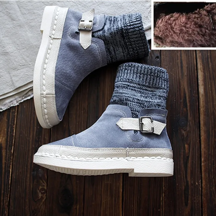 Gray With velvet HUIFENGAZURRCS/горячая распродажа; новые удобные кожаные ботинки ручной работы из воловьей кожи; женские ботинки ручной работы с верхним слоем из натуральной кожи - Цвет: Gray With velvet