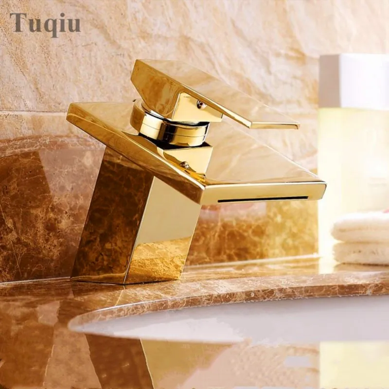 Смеситель для умывальника Латунь Золотой водопад Ванная комната кран раковины