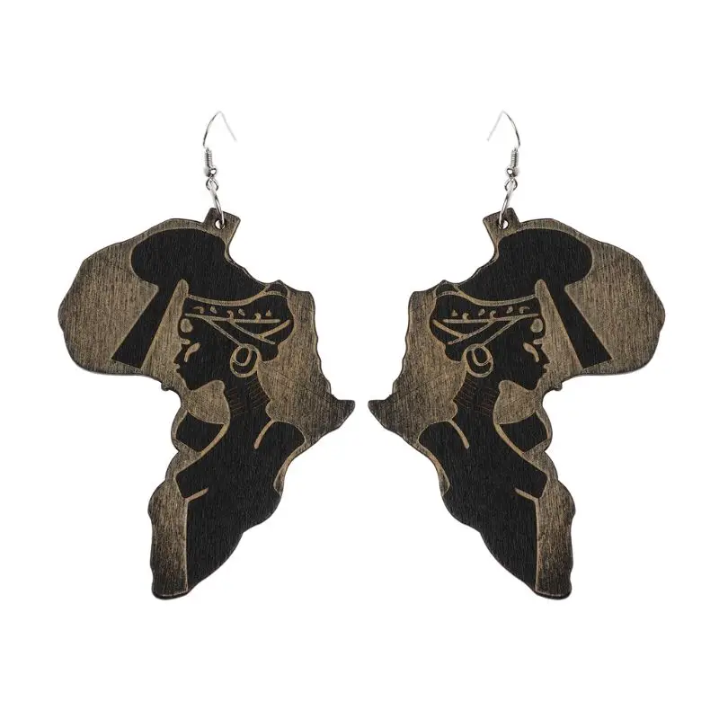 

Natural Wood Africa Map Reggae Earrings Women Exaggerated Pendants Bib Jewelry