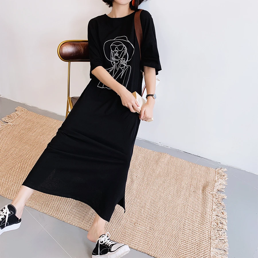 Fashion Cartoon Print Plus Size Summer Dress Cotton Casual O-Neck T-shirt Batwing Sleeve Women Dress Tops Vestidos De Fiesta