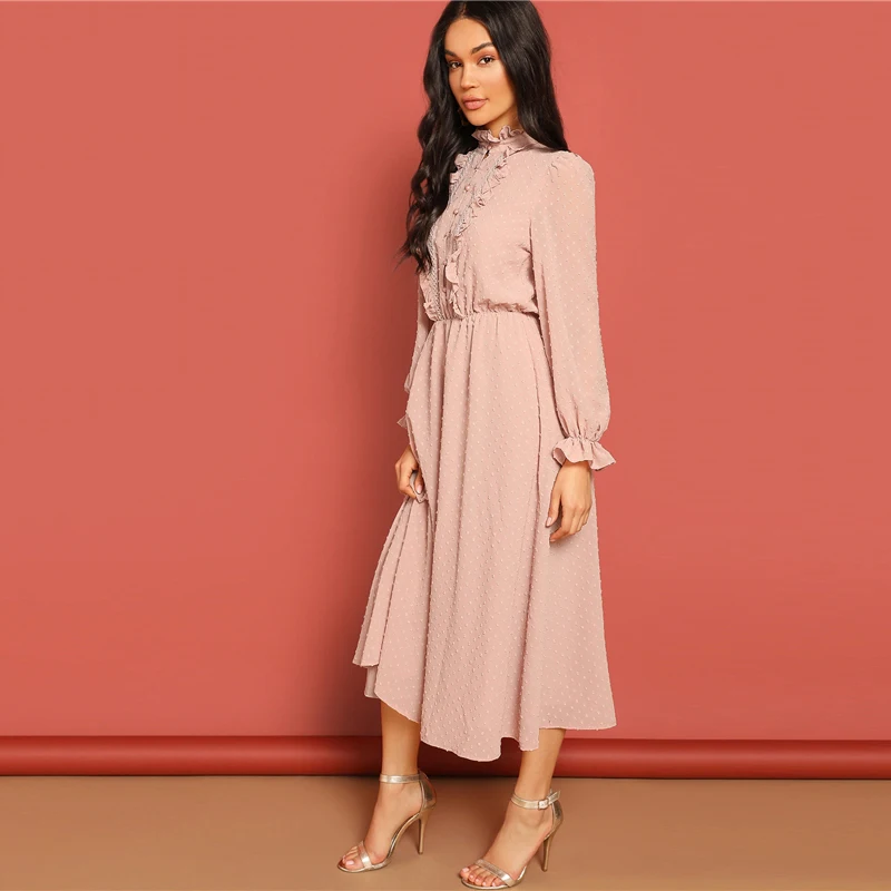 Dotfashion, розовое кружевное платье с оборкой, с половинной планкой, в горошек, жаккардовое платье для женщин,, романтичное весеннее платье с длинным рукавом, ТРАПЕЦИЕВИДНОЕ ПЛАТЬЕ С Высокой Талией