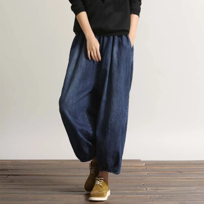 Весенние новые свободные повседневные джинсы с эластичной талией винтажные