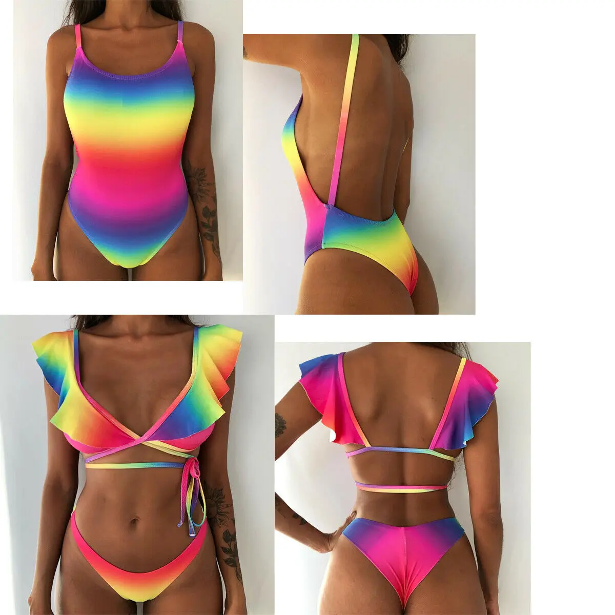 NEW Summer Mujer Women Padded Bikini Set Brazilian Monokini Printed Colorful Ruffle Swimwear Swimsuit Bathing Suit Maillot Femme | Спорт и