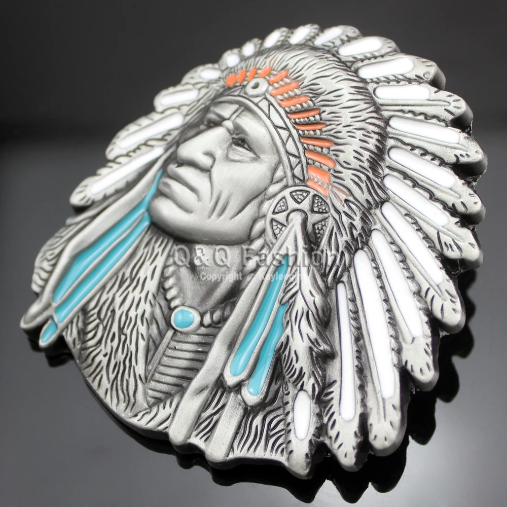 

3D Chief Head Gypsy Belt Buckle DIY Exchange Vintage Silver Plated American Feather Rodeo Men