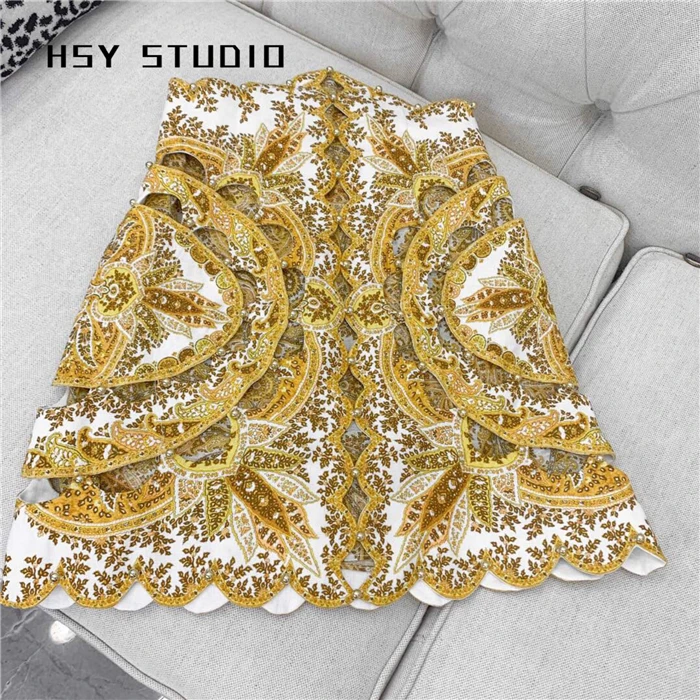 【HSY studo】 летняя новая модная женская шелковая хлопковая льняная мини-юбка с пышным рукавом и стоячим воротником с цветочным принтом