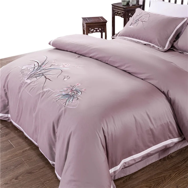 

60S Long Stapled Cotton China Classic Style 4pcs Bed Set Duvet Cover Bed Sheet Pillowcases Embroidery Solid Orchid Queen King