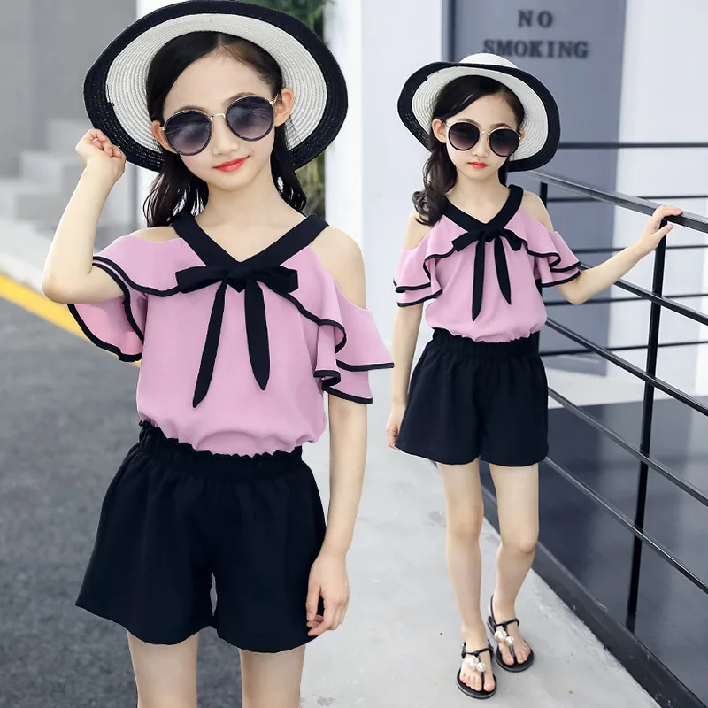 Kids Clothes For Girls Fashion Chiffon Shirt + Shorts Suit Summer Teenage Clothing Set 4 6 8 10 13 Year | Детская одежда и обувь