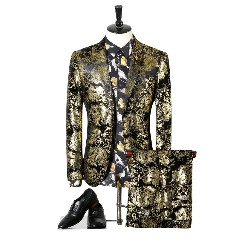 

Mens Suits With Pants Terno Masculino Floral Men Prom Suit Men Costume Homme Gold Tuxedo Jacket Christmas Gold suit