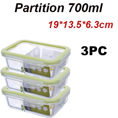 Partition-700ml 3PC Стеклянный Ланч-бокс для микроволновой печи с подогревом Холодильный запаянный герметичный контейнер для еды прозрачный боросиликатный пищевой контейнер - Цвет: Partition-700ml 3PC