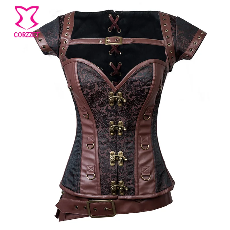 

Brown/Black Brocade Steampunk Corset Plus Size Corsets and Bustiers Steel Boned Sexy Corselet Burlesque Costumes Gothic Clothing