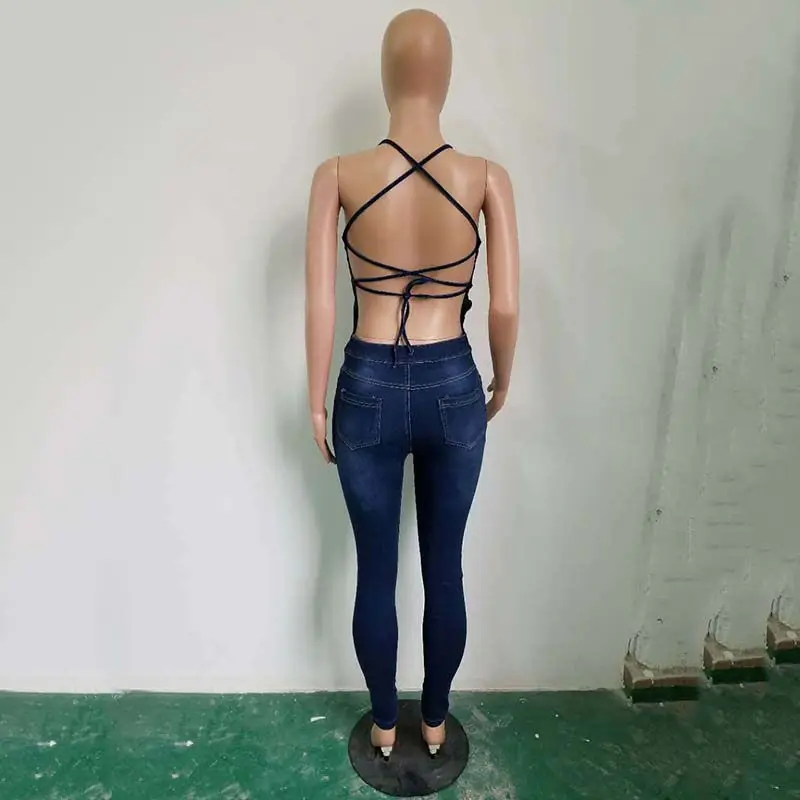 

2019 Sexy Backless Bandage Hollow Out Skinny Jumpsuit and Rompers Women Denim Long Jumpsuit Summer Jeans Overalls 116