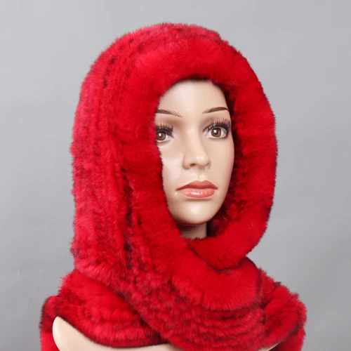 Новые русские женские шарфы с капюшоном из меха кролика рекс женские зимние теплые настоящий мех кролика шапки шарф вязаные шапки из натурального меха - Цвет: RED BLACK