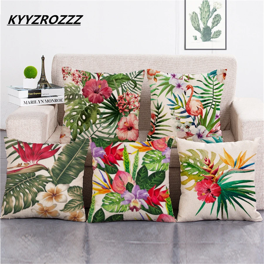 

Rainforest Leaves Africa Cotton Linen Tropical Plants Hibiscus Flower Throw Pillow Case Parrot chair/ Sofa Cushion Cover