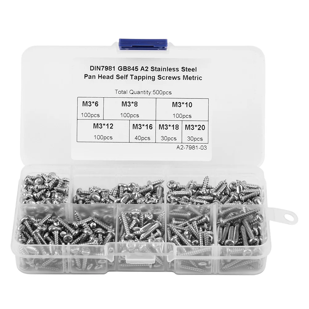 

500PCS M3 Cross Drive Button Head Screws Fastener Assortment Set Carbon Steel Pan Head Round Head Self-Tapping Screws Tool