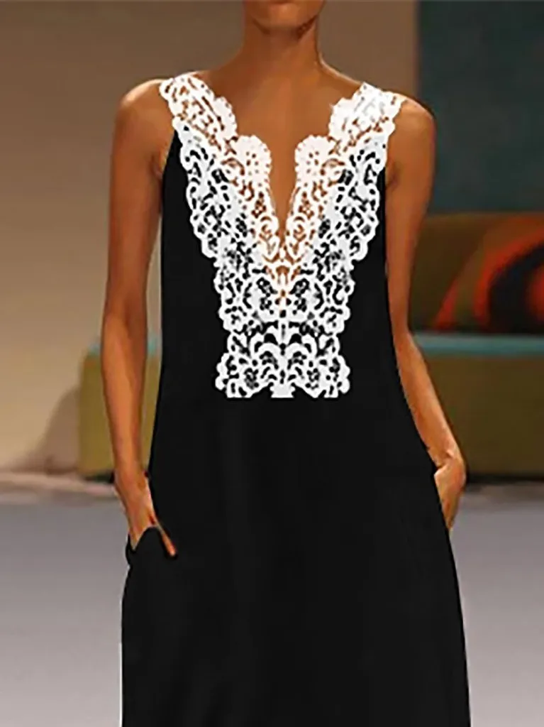 Women Dress Summer 2019 Vintage V Neck Splicing Sleeveless Lace Hollow Loose Long Boho Maxi Vestido robe Plus Size | Женская одежда