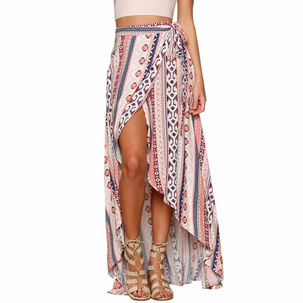 2020 Boho Vintage Print Harajuku Lace Up Sexy Ankle-Length Casual Summer Bohemian Chiffon Skirts Loose Beach Long Women | Женская одежда