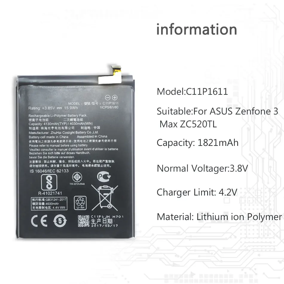 YKaiserin аккумулятор C11P1611 для ASUS Zenfone 3 Max Z3 Max ZC520TL X008DB Peg Для ASUS 3X008 X008D емкостью 4130 мАч