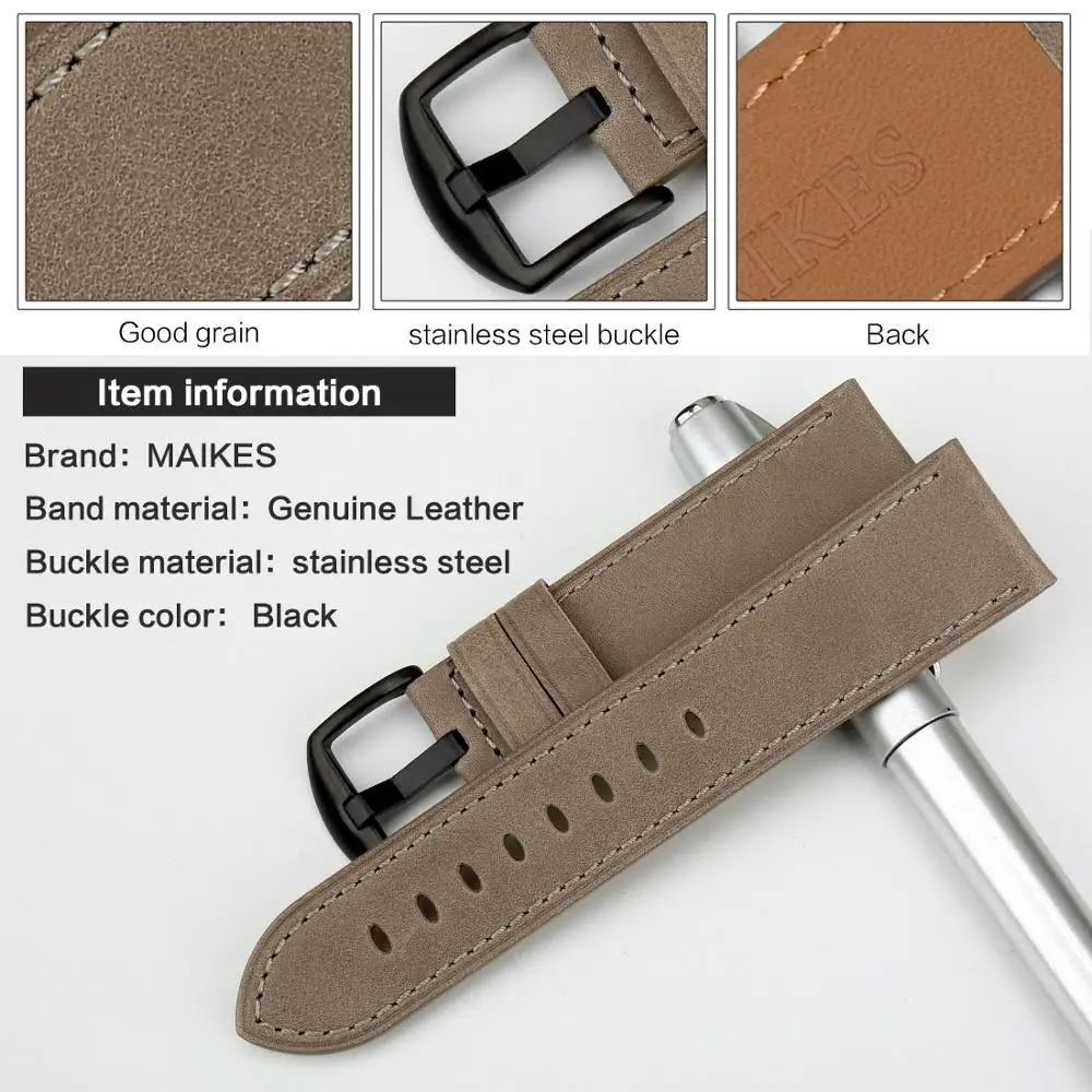 MAIKES Genuine Leather luxury Gray Watchband Watch Accessories Watch Strap 22mm 24mm Bracelet Watch band Watchband For fossil