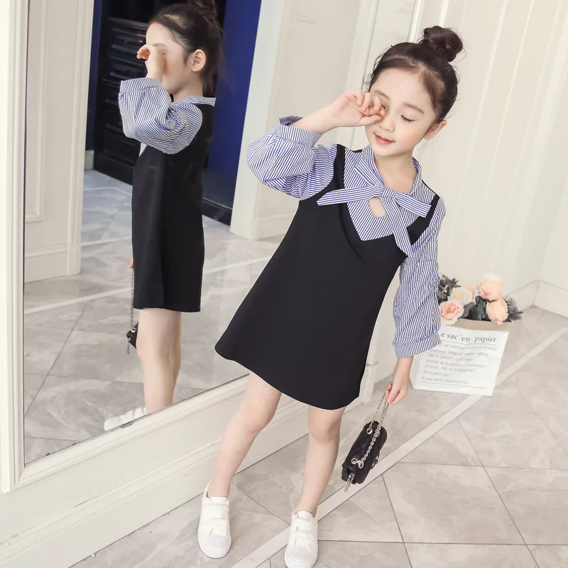 Yummylemon Stripe Girl Dress Knee-length Casual Bow A-line Three Quarter Plaid Batwing Sleeve Asymmetrical Princess | Детская одежда и