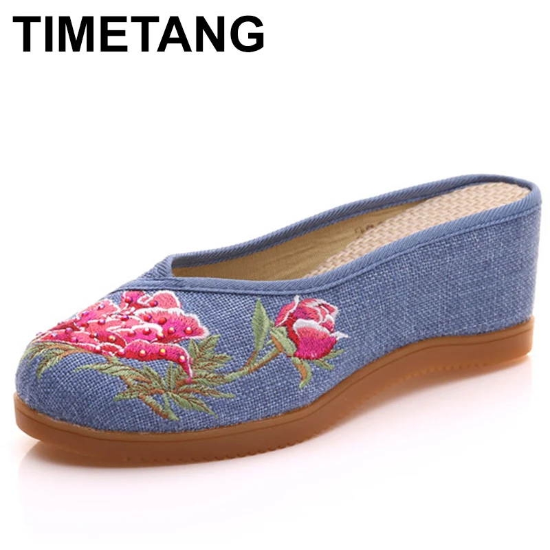 TIMETANG женские тапочки Босоножки на танкетке с открытой пяткой Женские тканевые