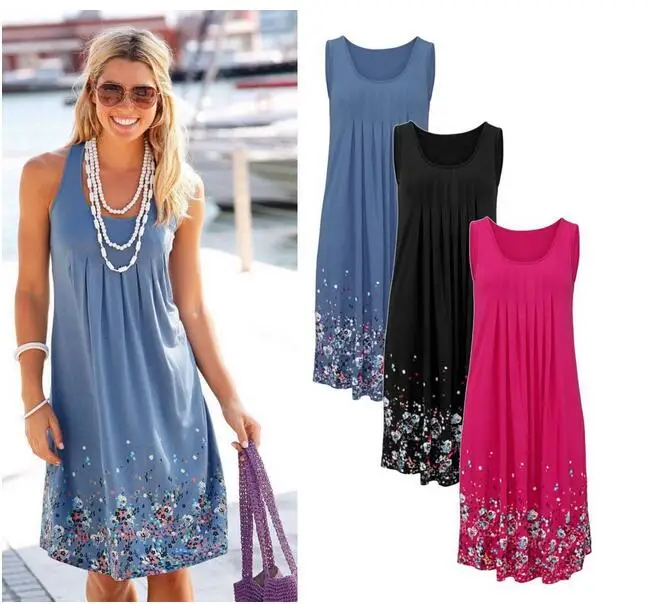 

Floral Sleeveless Easy Flower Printing Vest Long A Word Dress new S-3XL 3 Colors