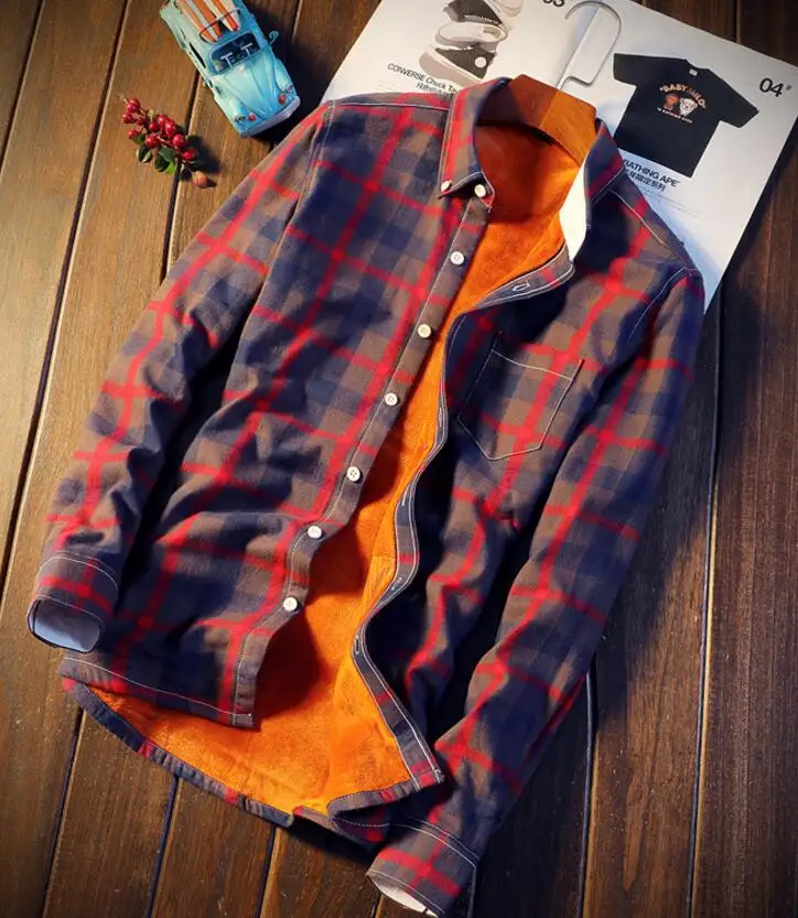 Plaid Shirt Thick Warm Fleece Autumn Winter Flannel Red Checkered Shirt Men Shirts Long Sleeve Chemise Homme Cotton Male 5xl 4xl - Цвет: Красный