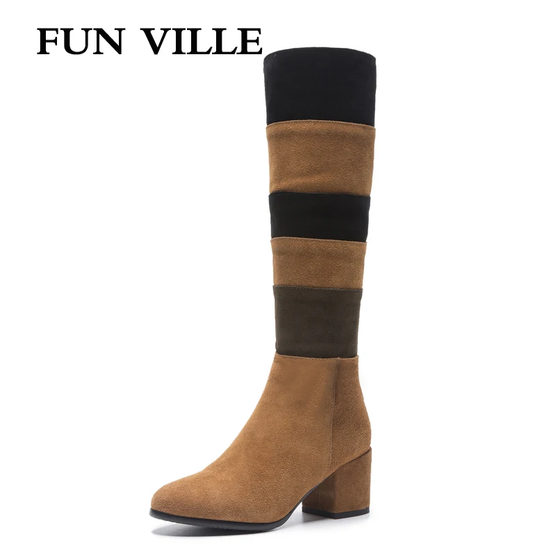

Женские сапоги до колена смешанных цветов FUN VILLE, зимние теплые сапоги из натуральной коровьей замши на высоком каблуке, с круглым носком, ра...