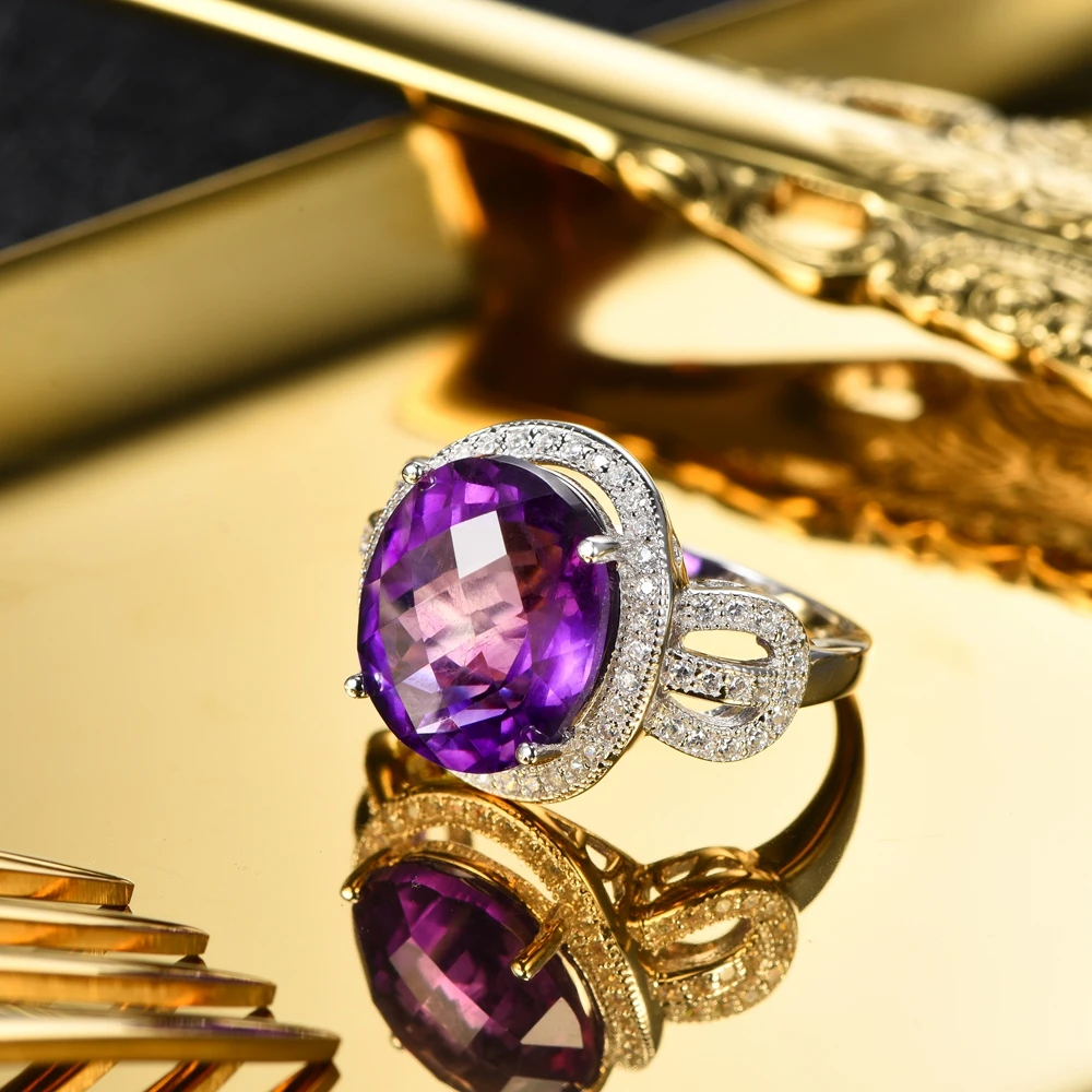 L& Цзуань шахматная доска для резки 7.69ct кольцо с натуральным аметистом для женщины в 925 пробы серебро AAA+ Цирконий проложили кольцо с фиолетовым камнем