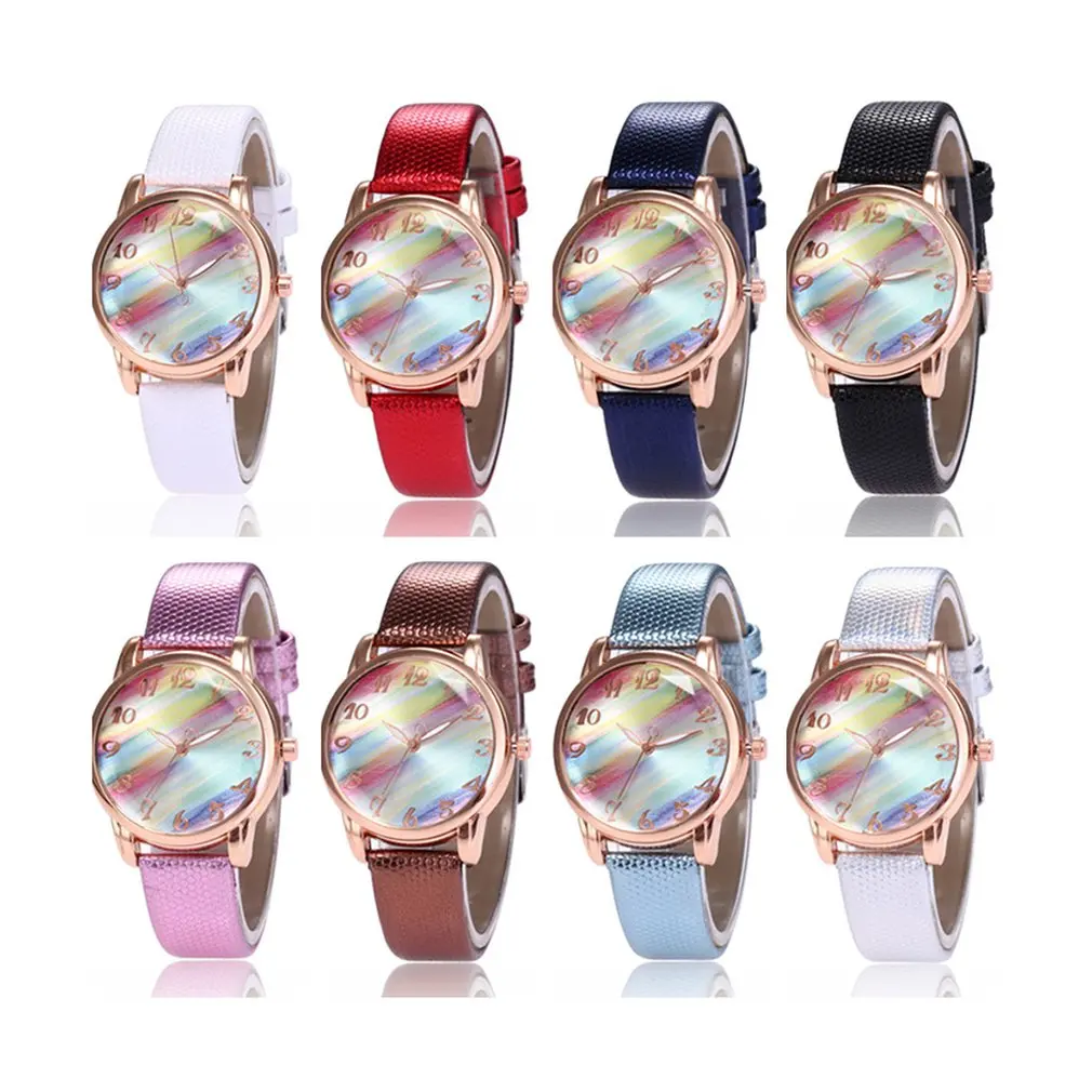 SC223 Яркие Кожаные женские часы с радужным узором повседневные Модные кварцевые