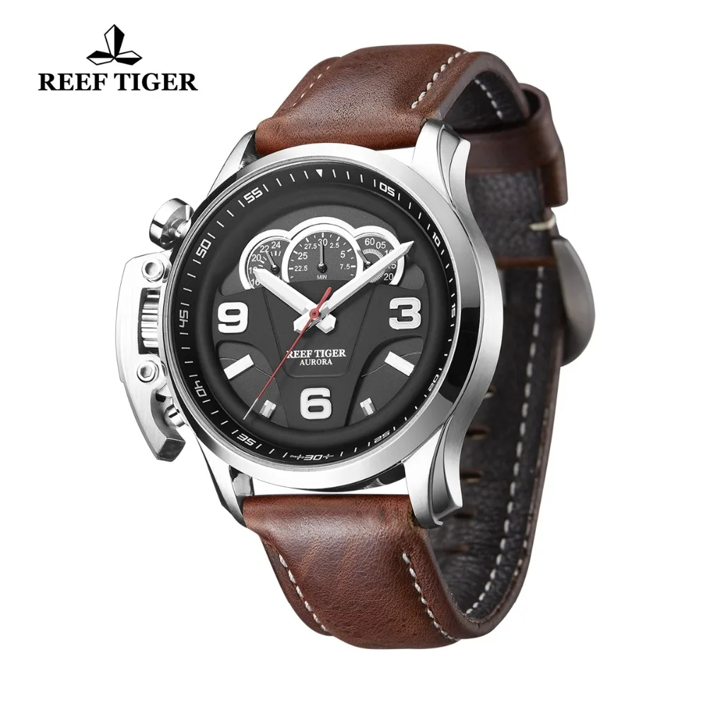 Новые спортивные мужские часы Reef Tiger/RT стальные Аналоговые кварцевые с кожаным