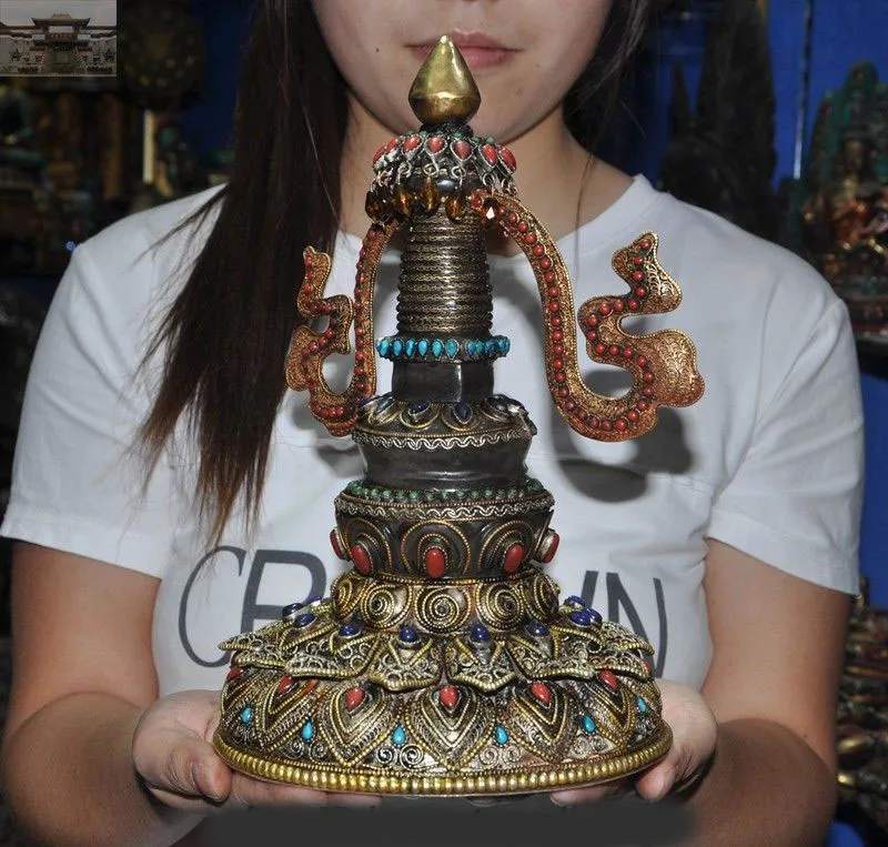 

christmas Old Tibet Nepal Silver Filigree Crystal inlay Turquoise Gem Tower pagoda stupa New Year
