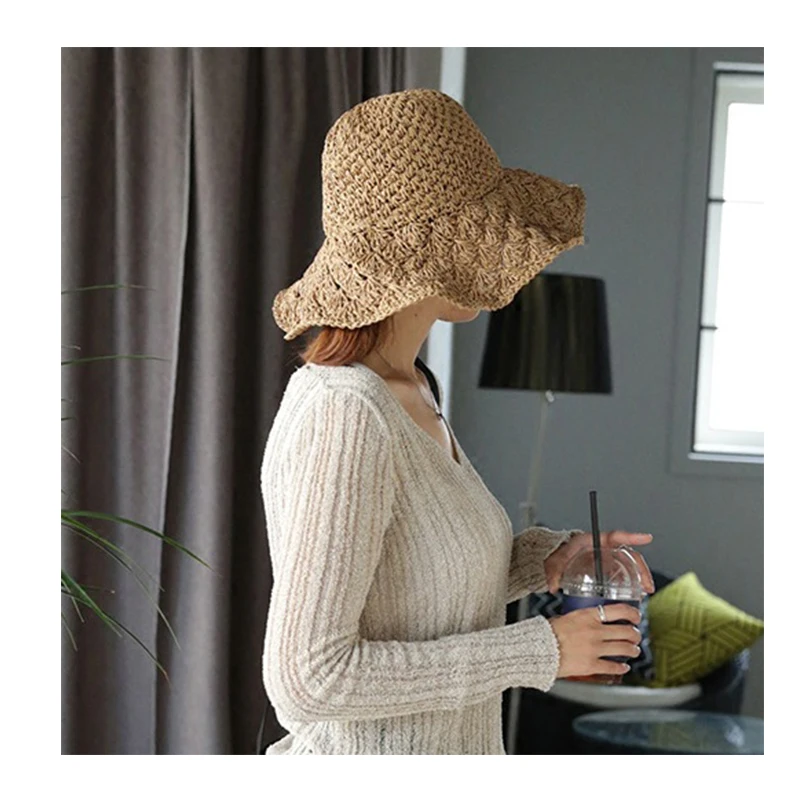 Летние каникулы с широкими полями Солнцезащитный козырек вязаная шапка анти УФ