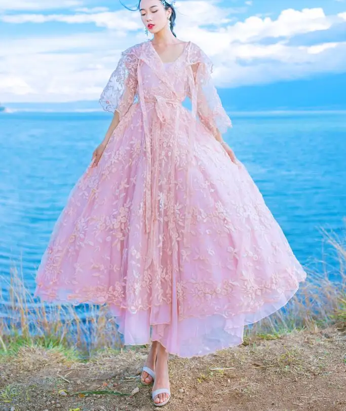 Free Shipping High Quality New Arrival Elegant Two Pieces Lace Gauze Hooded Long Dress | Женская одежда