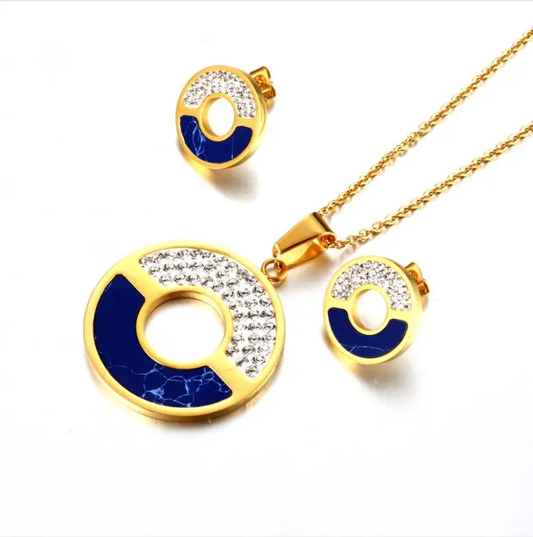 navy blue and gold Золотой цвет из нержавеющей стали круглый CZ камень кулон ожерелье серьги Ювелирные наборы Стразы бусины синий камень для женщин ювелирные изделия - Окраска металла: navy blue and gold